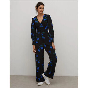 Nobody's Child Button Front Tea Jumpsuit Black Blue Floral Viscose Women's US 12